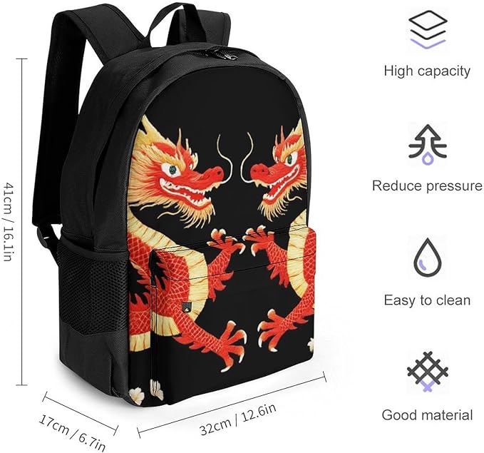 Men Women Polyester Floral Chinese Japanese Dragon Flower Backpack Large Capacity Bookbag With Smooth Zippers for Climbing Picnic Bicycle