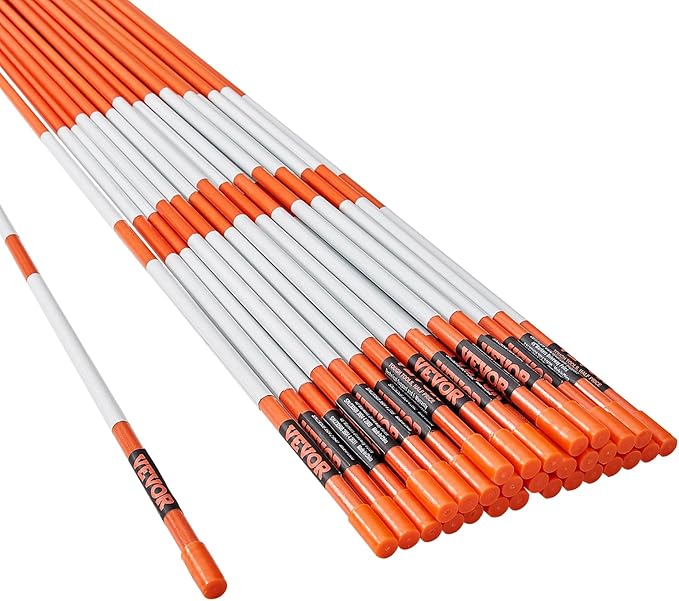 VEVOR Driveway Markers, 50 PCS 48 inch, 0.31 inch Diameter, Orange Fiberglass Poles Snow Stakes with Reflective Tape, 12" Steel Drill Bit & Protection Gloves for Parking Lots, Walkways Easy Visibility