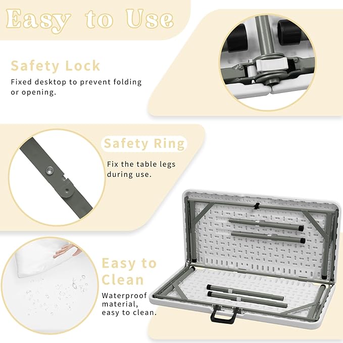 34" Square Folding Table,Multi-Functional Portable Folding Card Table with Carrying Handle for Indoor Outdoor Camping,Picnic, Office, Party Use, HDPE Plastic Tabletop with Metal Frame(White)