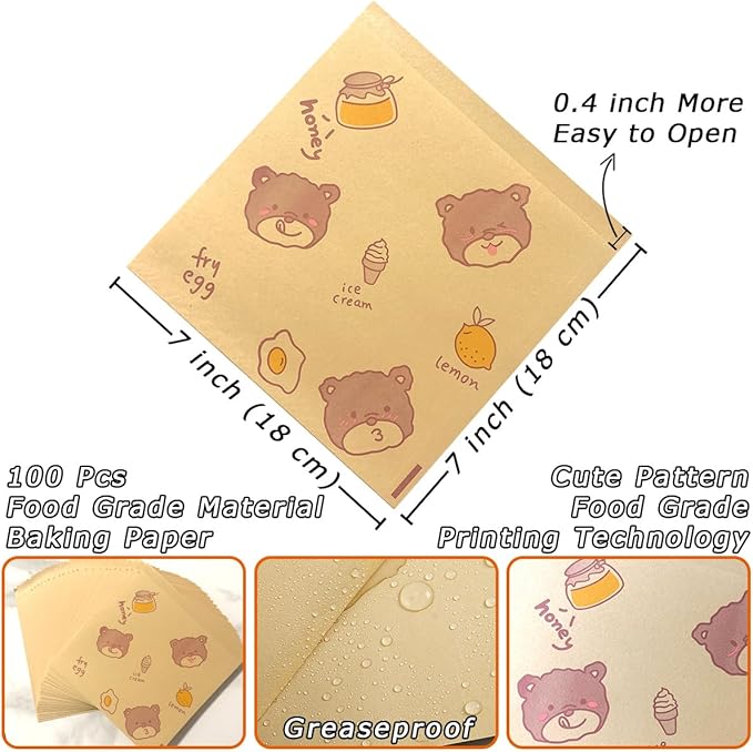 Soft Pretzel Bags 7"x7" Double Open Sandwich Bags 100Pcs, Grease-proof Parchment Paper Bags, Cute Bear Style Sandwich Wrappers for Cookie Snack Deli Bakery Family Daily Wrap