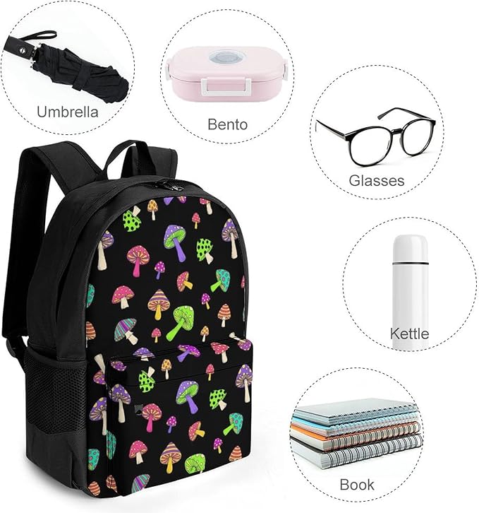 Men Women Polyester Trippy Mushrooms Art Daypack Bookbag Big Capacity Shoulder Bag With Padded Straps for Climbing Travel Walking Cycling