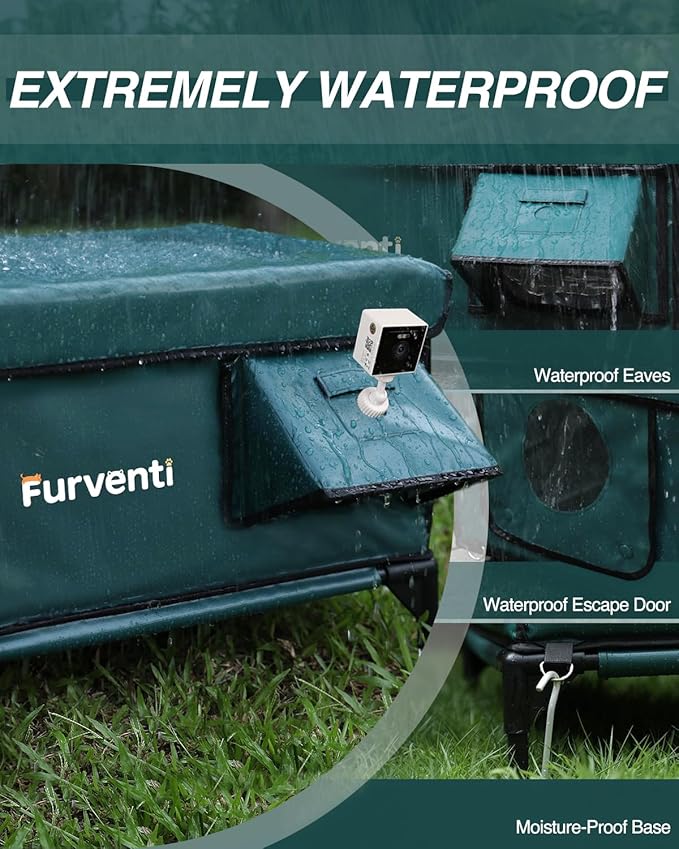 Outdoor Heated Cat House in Winter,Extremely Insulated & Weatherproof,Elevated Feral Cat Shelter with Waterproof Eaves & Escape Door for Outside Stray Barn Cat (Green, L with Cam) 28.0