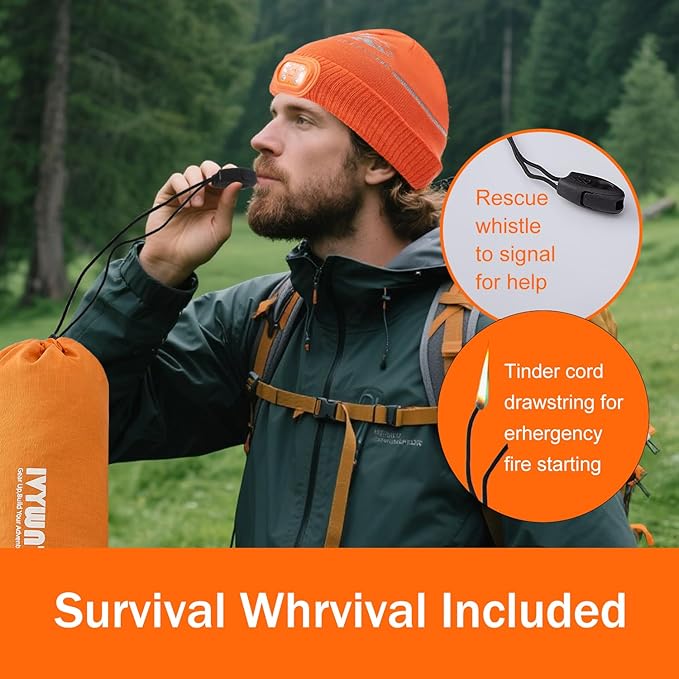 Emergency Sleeping Bag & LED Beanie Kit - Portable Bivy Sack Blanket, Winter Warm Knitted Hat with Light, Waterproof Survival Gear for Camping Hiking Adventure