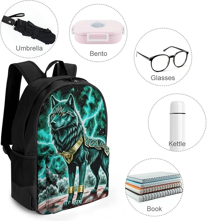 Polyester Daypack Backpack for Climbing Outdoors Running, Big Capacity Multipurpose Anti-Theft Bookbag, Mountain And Northern Light Wolves Psychedelic Travel Hiking Camping Rucksack