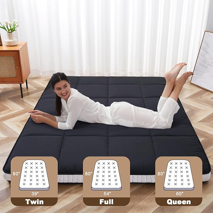 Queen Size Futon Mattress - Extra Thick Foldable Japanese Floor Mattress - Memory Foam Sleeping Pad for Adults - Tatami Mat Suitable for Camping & Guest -Black