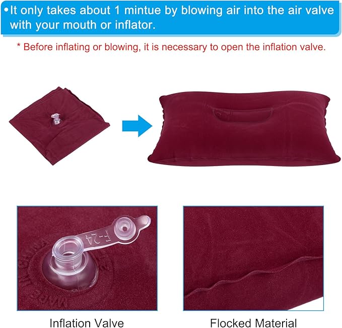 PATIKIL Inflatable Pillow, 3 Pack Squared Ultralight Camping Travel Pillow Desk Rest Neck Support for Hiking Backpacking Office, Wine Red