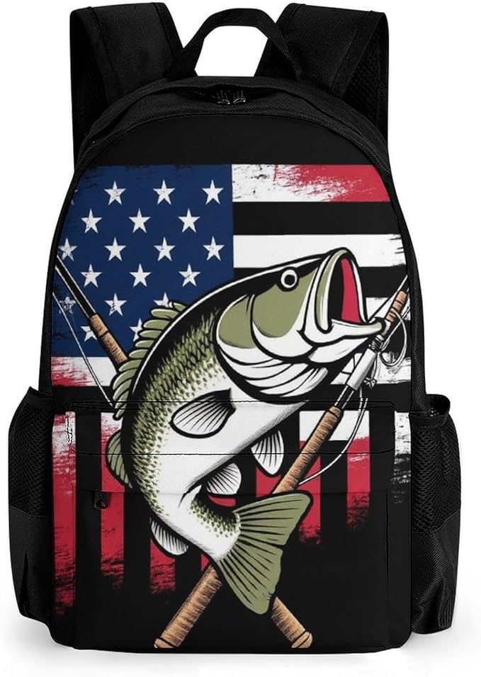 Men Women Polyester Vintage Bass Fishing Lure American Flag Daypack Big Capacity Shoulder Bag With Smooth Zippers for Hiking Work Walking Cycling