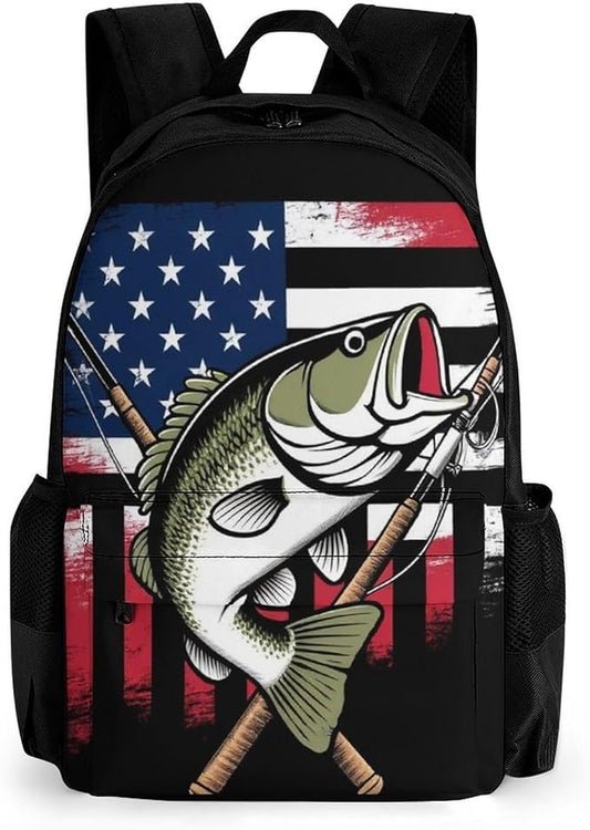 Men Women Polyester Vintage Bass Fishing Lure American Flag Daypack Big Capacity Shoulder Bag With Smooth Zippers for Hiking Work Walking Cycling