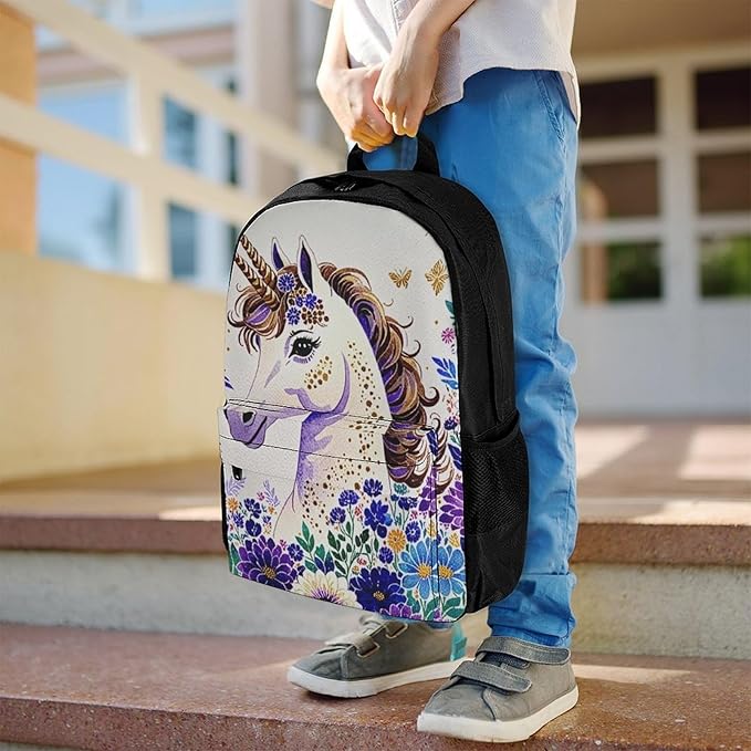 Supdreamc Men Women Polyester Unicorn Purple Flower Daypack Big Capacity Shoulder Bag With Adjustable Shoulder Straps for Camping Travel Walking Cycling