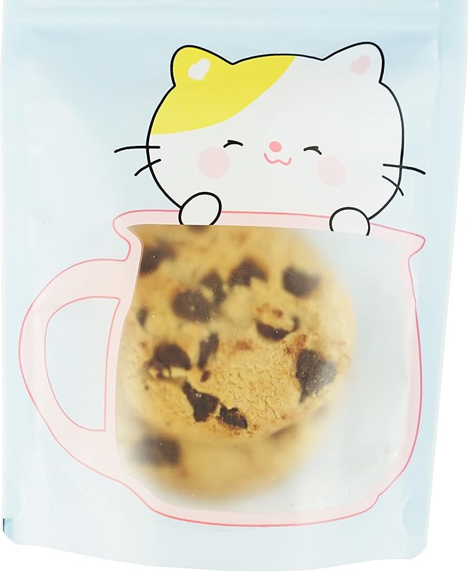 QQ Studio 100 Animal Designed Snack Bags, Plastic Bakery Bags, Cute Favor Bags for Snacks, Pastel Cookie Bags with Window, Zipper Seal Treat Storage Bags (6.25 Inch x 9 Inch, Blue Kitty)