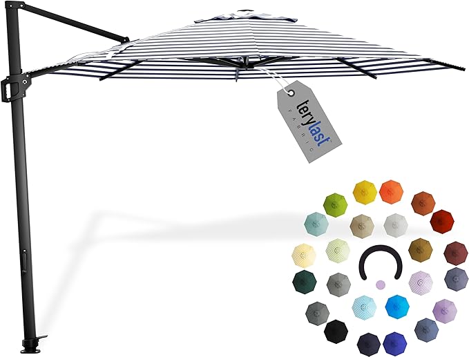 Midtown Umbrellas 10 Ft Outdoor Cantilever Patio Umbrella w/Terylast Navy Stripes Fabric - Tilt 360° Offset Patio Umbrella, Deck Patio Umbrella, Backyard Umbrella & Garden Umbrella - Black Frame