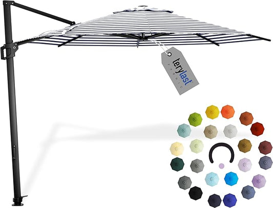 Midtown Umbrellas 10 Ft Outdoor Cantilever Patio Umbrella w/Terylast Navy Stripes Fabric - Tilt 360° Offset Patio Umbrella, Deck Patio Umbrella, Backyard Umbrella & Garden Umbrella - Black Frame