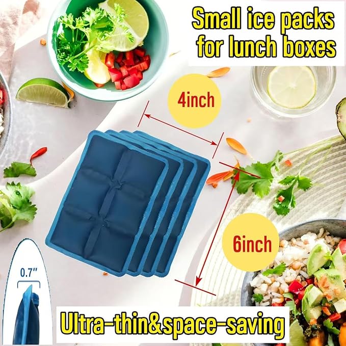 4pcs Ice Packs for Lunch Boxes & Coolers - Reusable,Lightweight Cooler Ice Pack for Food Freshness, Drinks Freezer (6”x4”x0.7”) - Non-Toxic Cooler for Picnic, School, Sports & Camping