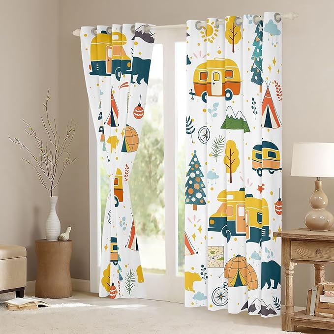 jejeloiu RV Camping Curtains for Bedroom Living Room Tent Mountain Tree Blackout Darkening Drapes Cartoon Camping Car Window Treatments, 2 Panels 42 x 90 Inch Cartoon Animal Room Decor