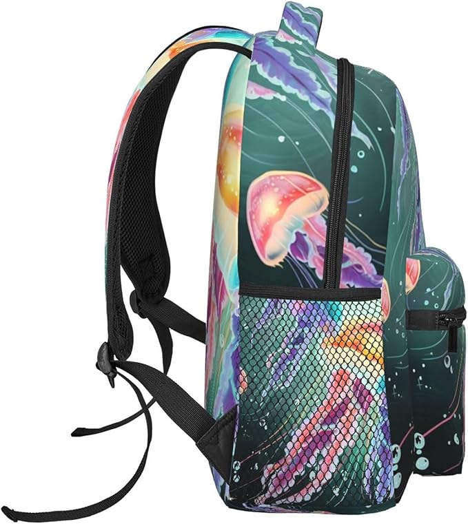 Polyester Daypack Backpack for Trekking Picnic Walking Cycling, Large Capacity Anti-Theft Multipurpose Shoulder Bag, Cartoon Under Sea Ocean Jellyfish Casual Daypack