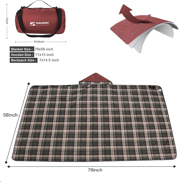 DUKUSEEK Stadium Blanket for All Weather, Waterproof Outdoor Blankets with Hood, Soft Warm Fleece Camping Blanket Windproof for Outdoor Sports, 79x58