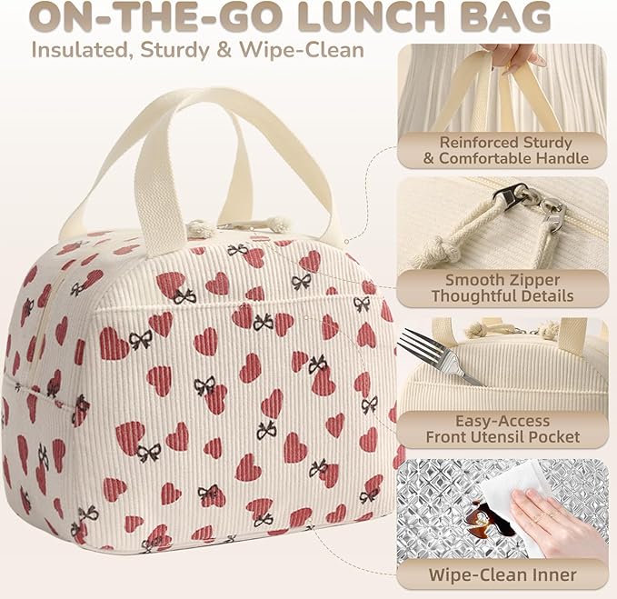 Lunch Bag for Women Men Cute Corduroy Lunch Tote Bags Reusable Insulated Lunch Box Large Capacity Reusable Insulated Cooler for Work/Picnic/Travel