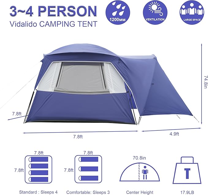 Vidalido 3-4 Person Tent with 1 Mesh Door and 2 Large Mesh Window, Double Layer Waterproof Portable Family Cabin Tent, 4 Person Tents for Outdoor Camping Hiking