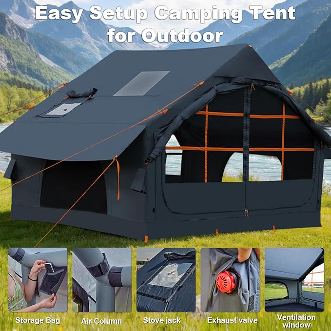 Inflatable Camping Tent,2/4/6/8 Person Glamping Inflatable Tents with Awning, Quick Setup Blow Up Tents with Pump, Waterproof Oxford Inflatable House for Camping, Air Glamping Hot Tents for Adult