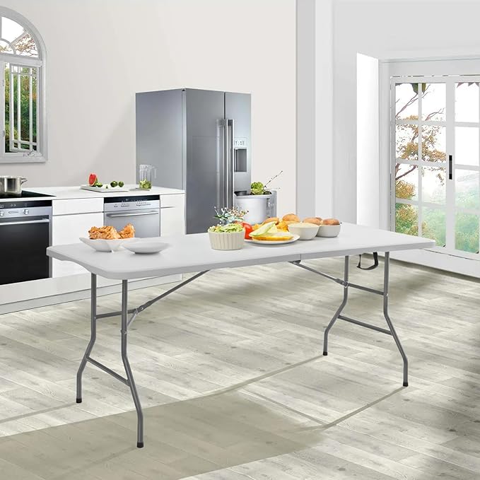 SKOK 330lbs Folding Picnic Table 6 Foot, 6FT White Plastic Picnic Table Portable with Carry Handle, White Tailgating Utility Commercial Craft Table with Heavy Duty Frame for Party