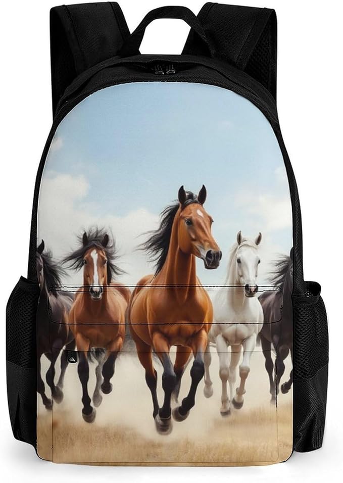 Men Women Polyester Wild Animal Running Horses Art Daypack Bookbag Big Capacity Shoulder Bag With Padded Straps for Climbing Travel Walking Cycling