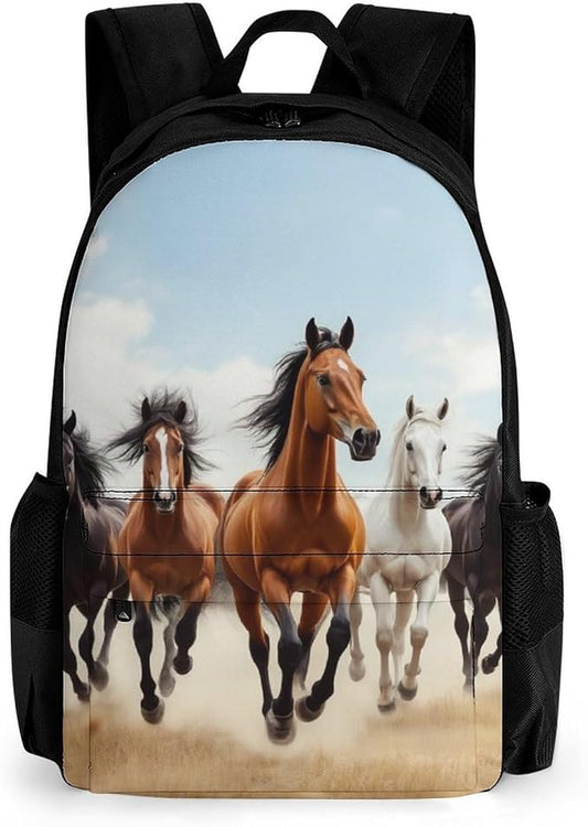 Men Women Polyester Wild Animal Running Horses Art Daypack Bookbag Big Capacity Shoulder Bag With Padded Straps for Climbing Travel Walking Cycling