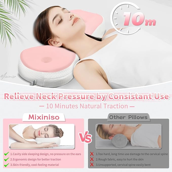 Neck Support Pillow, Cervical Neck Roll Memory Foam Pillow, Cervical Traction Device, Neck Pillow for Side Sleepers, Camping & Travel Pillow with Portable Bag