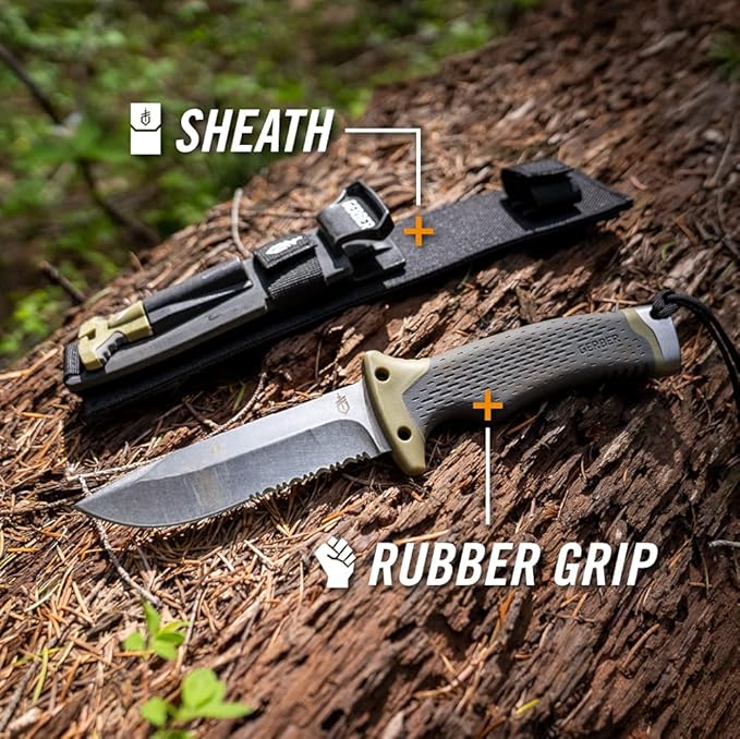 Gerber Gear Ultimate Survival Knife, Fixed Blade Knife with Combo Edge, includes Fire Starter Edge and Ferro Rod, Whistle, Sheath with Integrated Sharpener - Bushcraft, Hunting and Camping Tool