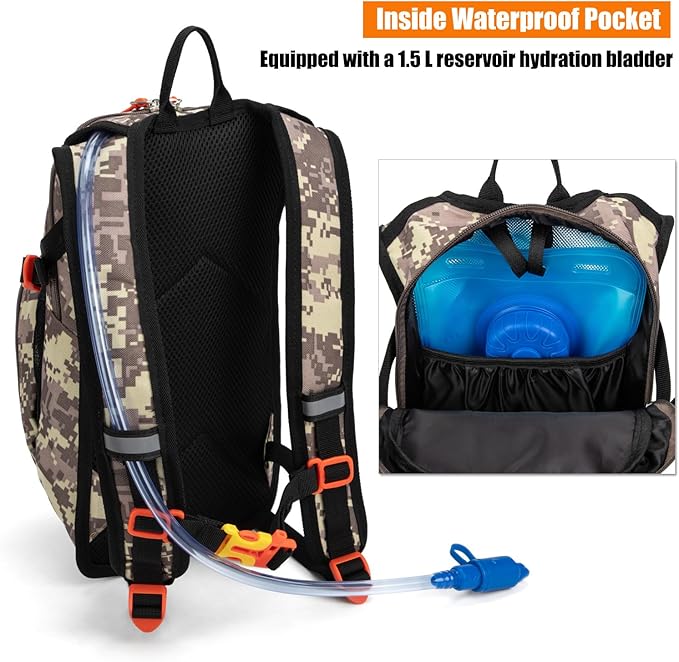 Kids Hydration Backpack, Water Hiking Backpack for Boys or Girls with 1.5L Reservoir Bladder