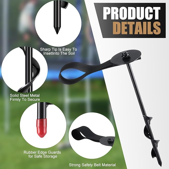 LEIFIDE 6 Set 12'' Trampoline Anchors Trampoline Stakes Ground Anchors Kit Hind Wind Beach Sand Stakes for Hiking Camping with Belt Straps (Black)