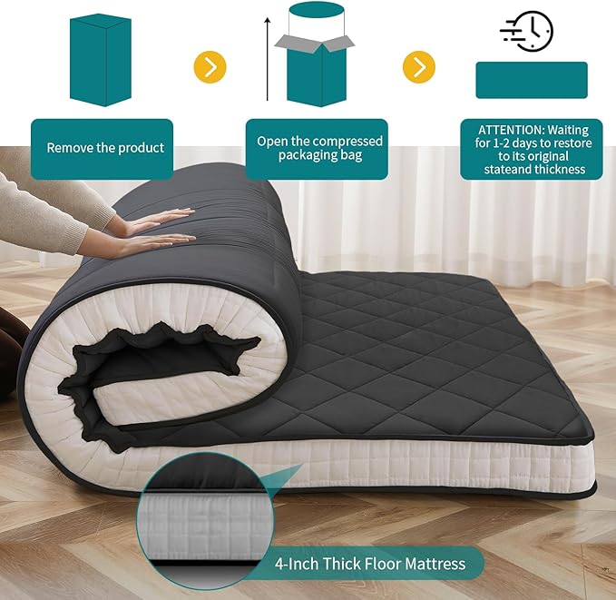 SUNYRISY Japanese Floor Mattress Futon Mattress, 4" Thicken Tatami Mat Sleeping Pad Foldable Roll Up Mat Boys Girls Dormitory Pad Kids Floor Lounger Bed Camping Couch