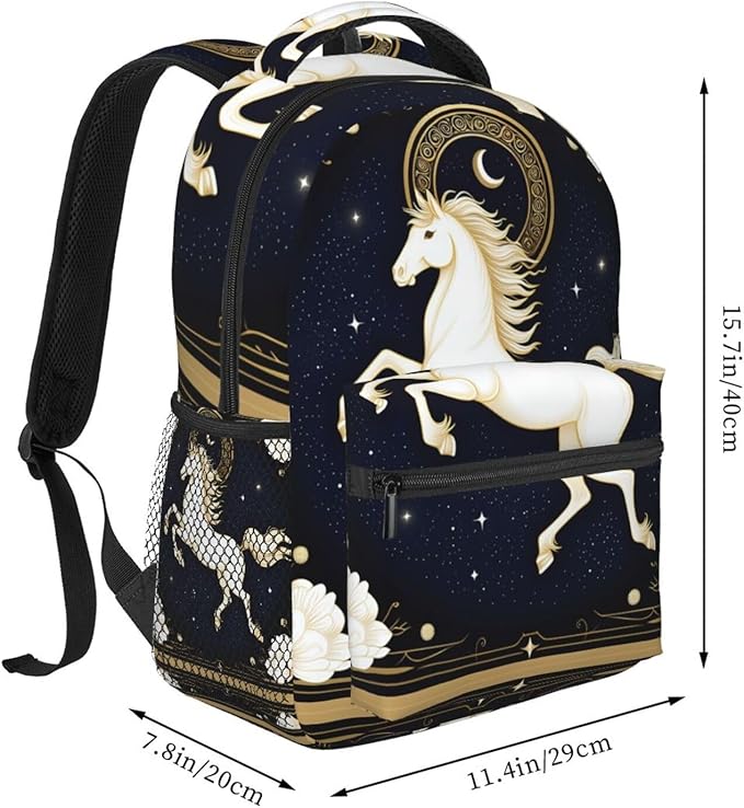 Daypack Polyester Anti-Theft Multipurpose Running White Horse Starry Sky Flowers Elegant Art Bookbag Big Capacity Gym Outdoor Hiking Backpack With Adjustable Shoulder Straps