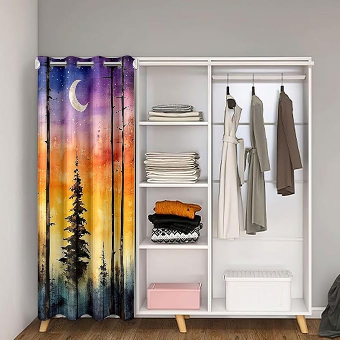 Happy Camping RV Door Curtain,Starry Sky Moonlight Pine Natural Blackout Curtain,Camper Rustic Farmhouse Adventure Bedroom Doorway Living Room Decor,Orange Privacy Door Drape 1 Panel,34" W X 80" L