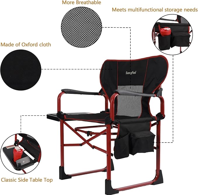 SUNNYFEEL Camping Directors Chair Aluminum Oversized Portable Folding Chair with Side Pocket and Adjustable Side Table for Beach, Fishing, Trip, Picnic, Lawn, Concert Outdoor Foldable Camp Chairs