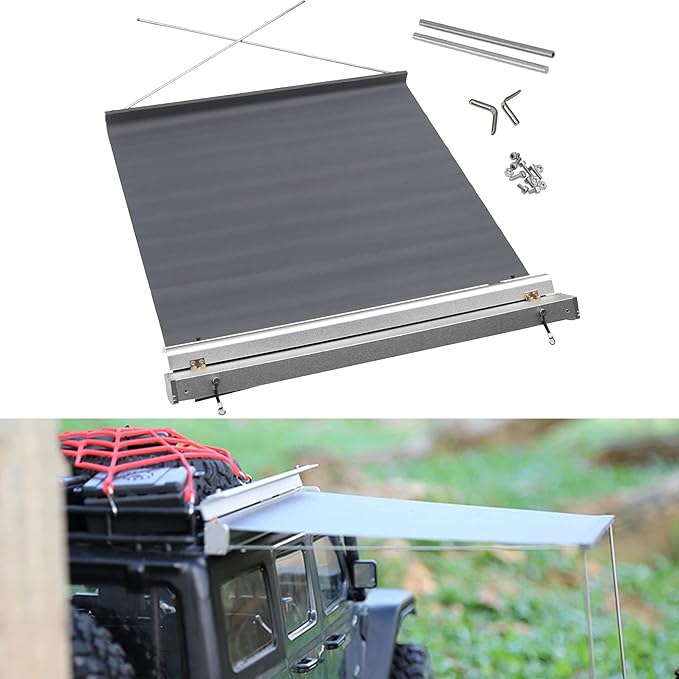 8.6" x8.6" RC Car Simulation Side Car Roof Top Tent Rain Canopy Sunshade Decoration Accessory Compatible with Traxxas TRX4 Axial SCX10 Tamiya Arrma D90 1/10 RC Crawler (Silver)