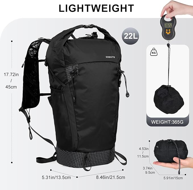 IX INOXTO Hiking Backpack 15L/22L Ultra Lightweight Packable Travel Backpack Small Waterproof Foldable Outdoor Day Pack with Two 500ML soft flasks for Men Women (Black)