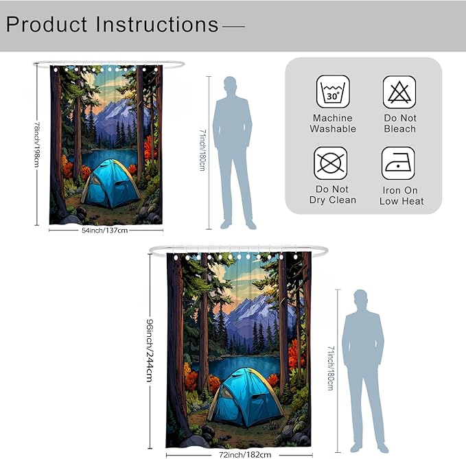 Mountain Lake Shower Curtain, Vibrant Blue Camping Tent Nature Scene Bathroom Decor, Outdoor Spring Summer Wilderness Art Waterproof Fabric Curtain with Hooks 72x96 Inch