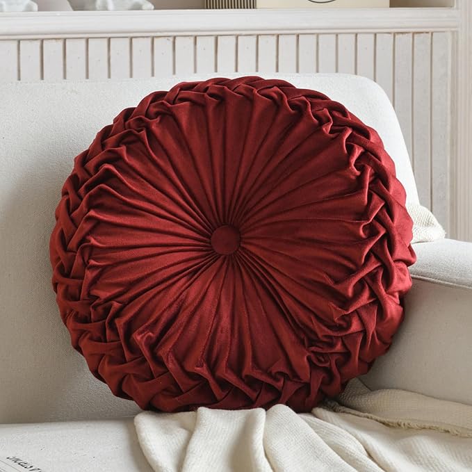 Round Pillows Velvet Pleated Circle Pillow Chair Cushion Floor Pillows Home Decorations for Home Couch Chair Bed Car Burgundy