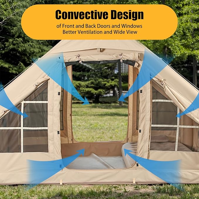 Inflatable Camping Tents with Hand Pump, Air Glamping Tents, Easy Setup Waterproof and Windproof Blow up Tent, 4 Seasons Oxford Cabin Tent with Mesh & Chimney Window.