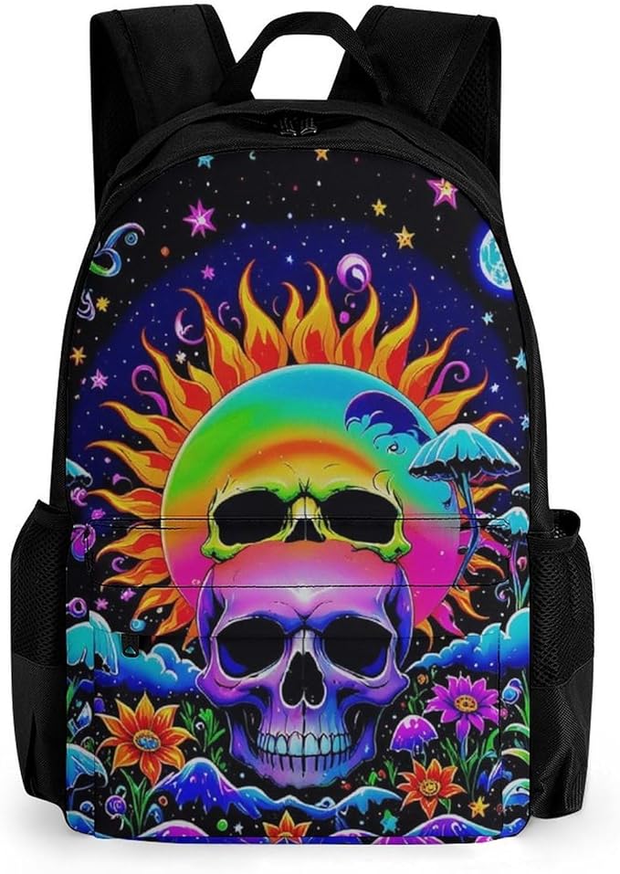 Men Women Polyester Psychedelic Skull Sun And Moon Neon Art Daypack Bookbag Big Capacity Shoulder Bag With Padded Straps for Climbing Travel Walking Cycling