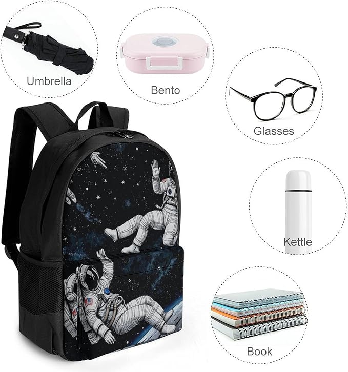 Men Women Polyester Astronaut Space Art Daypack Backpack Large Capacity Carry On Bag With Smooth Zippers for Hiking Picnic Walking Cycling