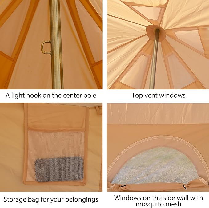 Bell Tent for Camping - Breathable Polycotton Canvas Yurt with Stove Jack, 4-Season Glamping Tent for 2-8 Person, Sturdy Shelter Family Camping & Backyard (10ft/13.1ft/16.4ft)