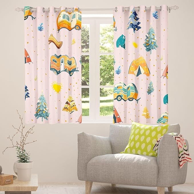 Feelyou Pink RV Camping Camper Blackout Curtains Adventure Camper Darkening Drapes for Bedroom Living Room Decor Happy Camping Thermal Insulated Shades Window Treatments, 2 Panels 38 x 54 Inch