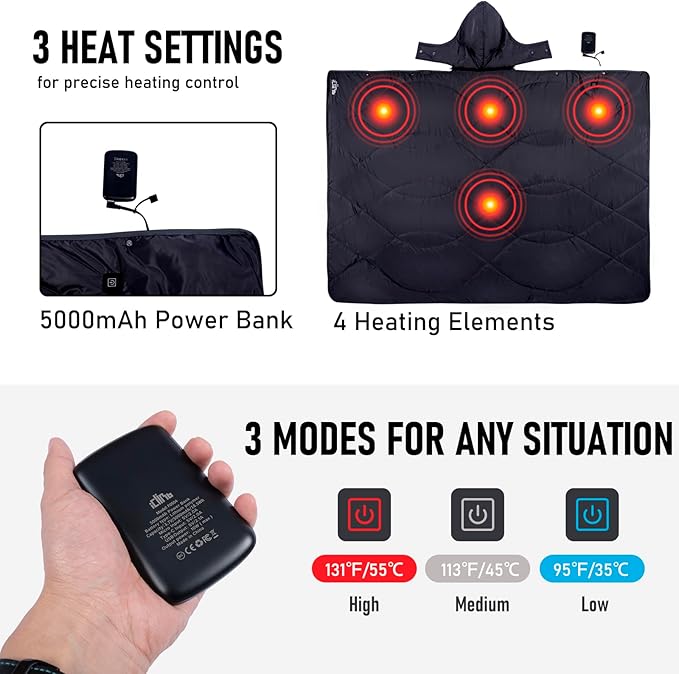 iClimb Heated Camping Blanket with Hood and Battery Pack (Black)