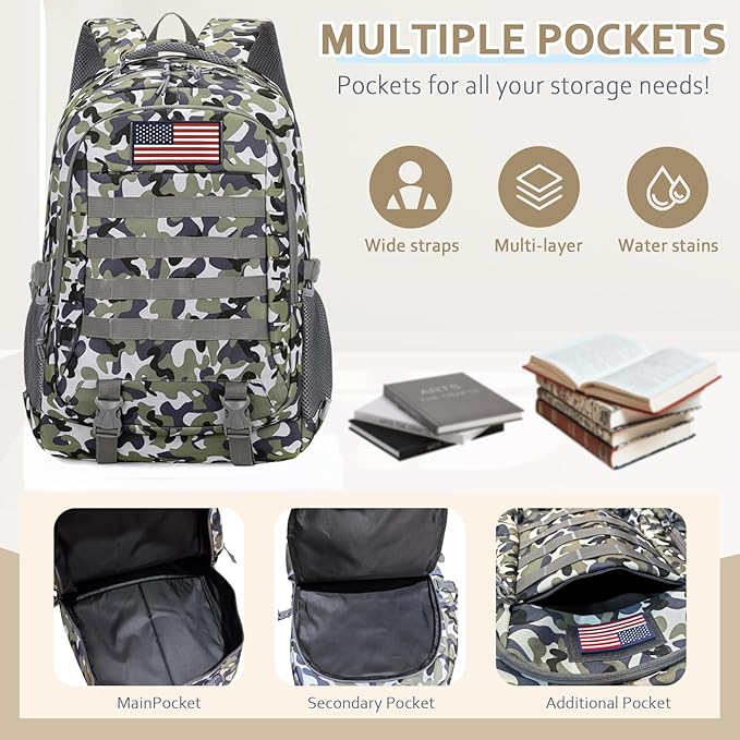 Camo Tactical Backpack for Boys - Waterproof 19'' Kids Bookbag with 15.6" Laptop Compartment, MOLLE System School Bag for Camping Hiking Travel