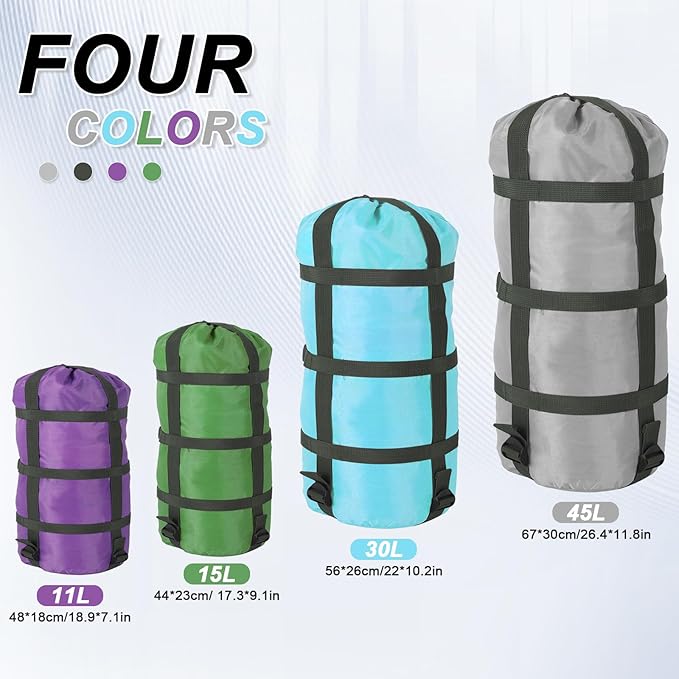 Compression Sacks for Sleeping Bag Stuff Sack Adjustable Sleeping Bag Compression Stuff Sack 6L + 15L +18L + 30L + 45L+52L Space Saving for Backpacking Hiking Camping Outdoor and Travel Storage
