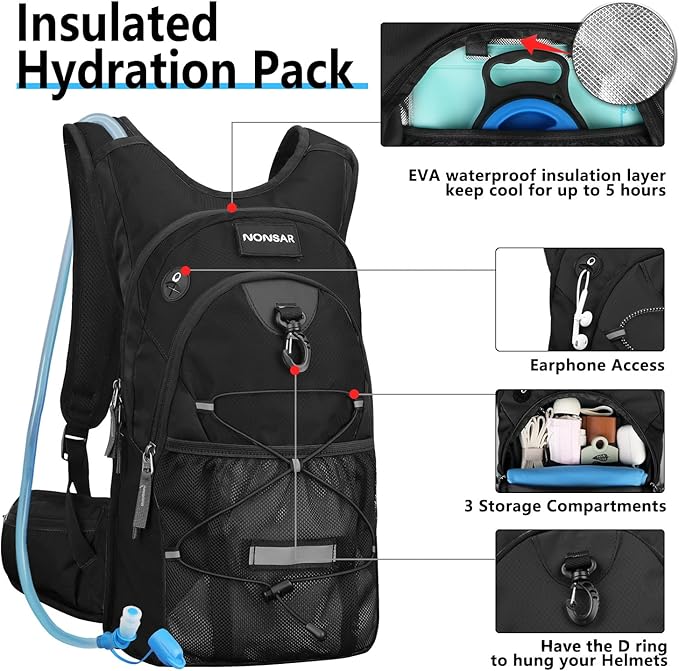 NONSAR Hydration Backpack, Hiking Backpack with 3L Water Bladder, Insulated Water Backpack for Women, Men, Kids, Keep Liquids Cool Up to 5 Hours, Daypack for Hiking, Running, Climbing, Cycling