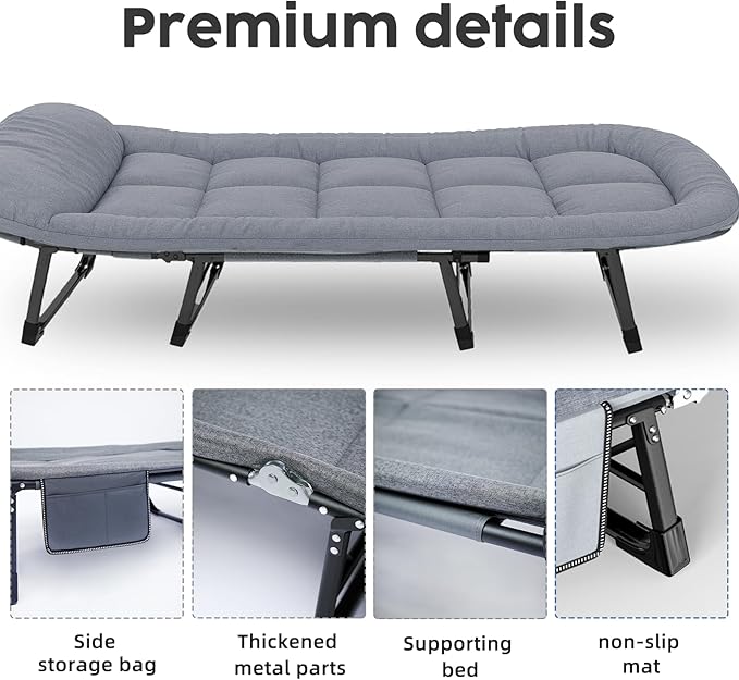 Camping Cot with Mattress, No Assembly Required Heavy Duty Folding Camping Cot for Adults, 550 Lbs Capacity Adjustable Portable Sleeping Bed for Indoor, Outdoor & Patio Use (L''80)