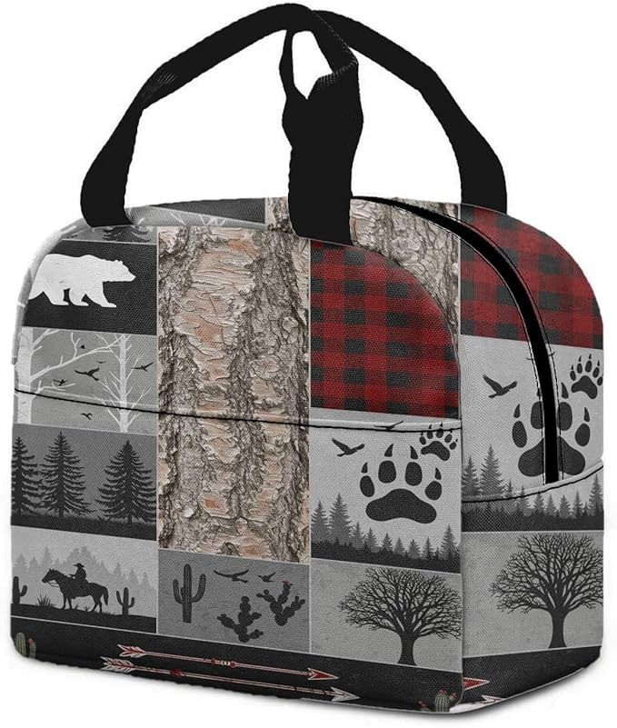 Western Retro Denim Insulated Lunch Bag Bear Deer Bird Nature Landscape Cactus Thermal Tote Portable Size (02)