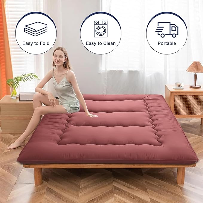 Japanese Floor Mattress,Thicken Japanese Floor Sleeping Pad Foldable,Roll Up Tatami Mat Easy to Store and Portable,Futon Mattress Suitable for Camping and Guest Room (Red, Twin (80" x 36"))